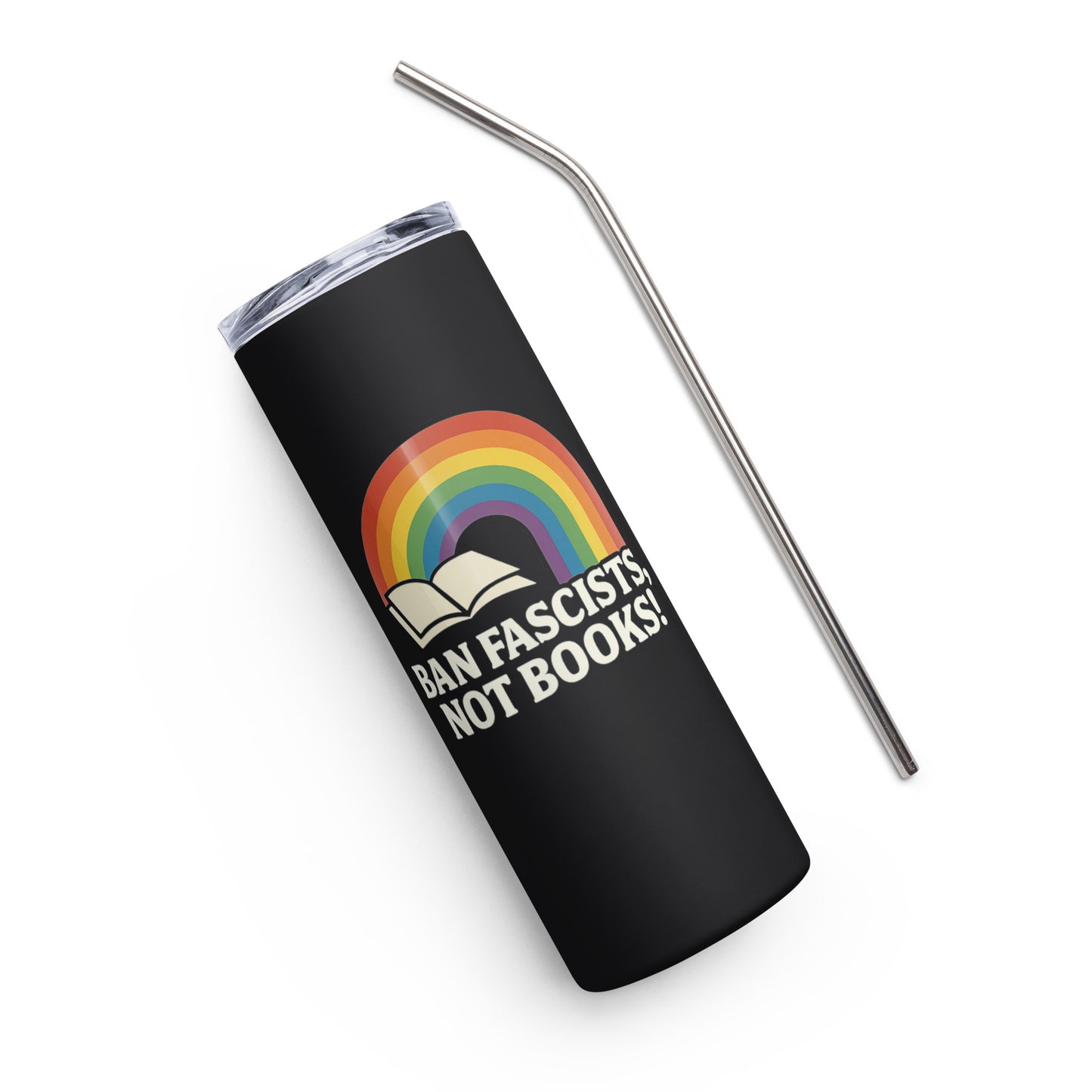 Ban Fascists, Not Books! anti-fascist drinkware mockup from 8647 NOW