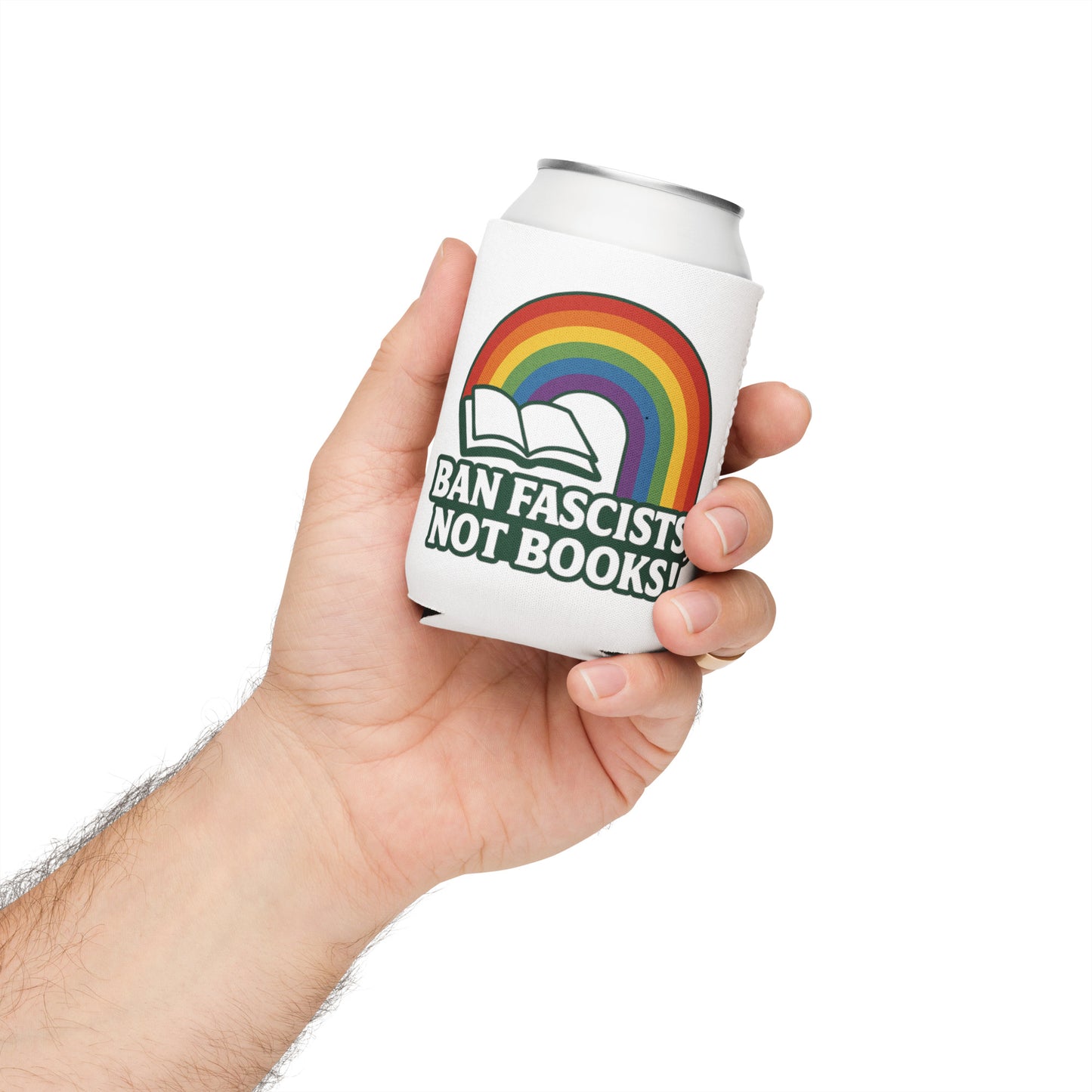 Ban Fascists, Not Books! regular 12 oz can cooler alternate front mockup from 8647 NOW