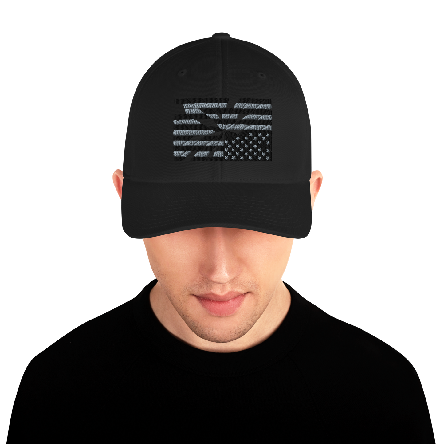 Fractured Democracy Structured Cap — Black on Black alternate front mockup from 8647 NOW