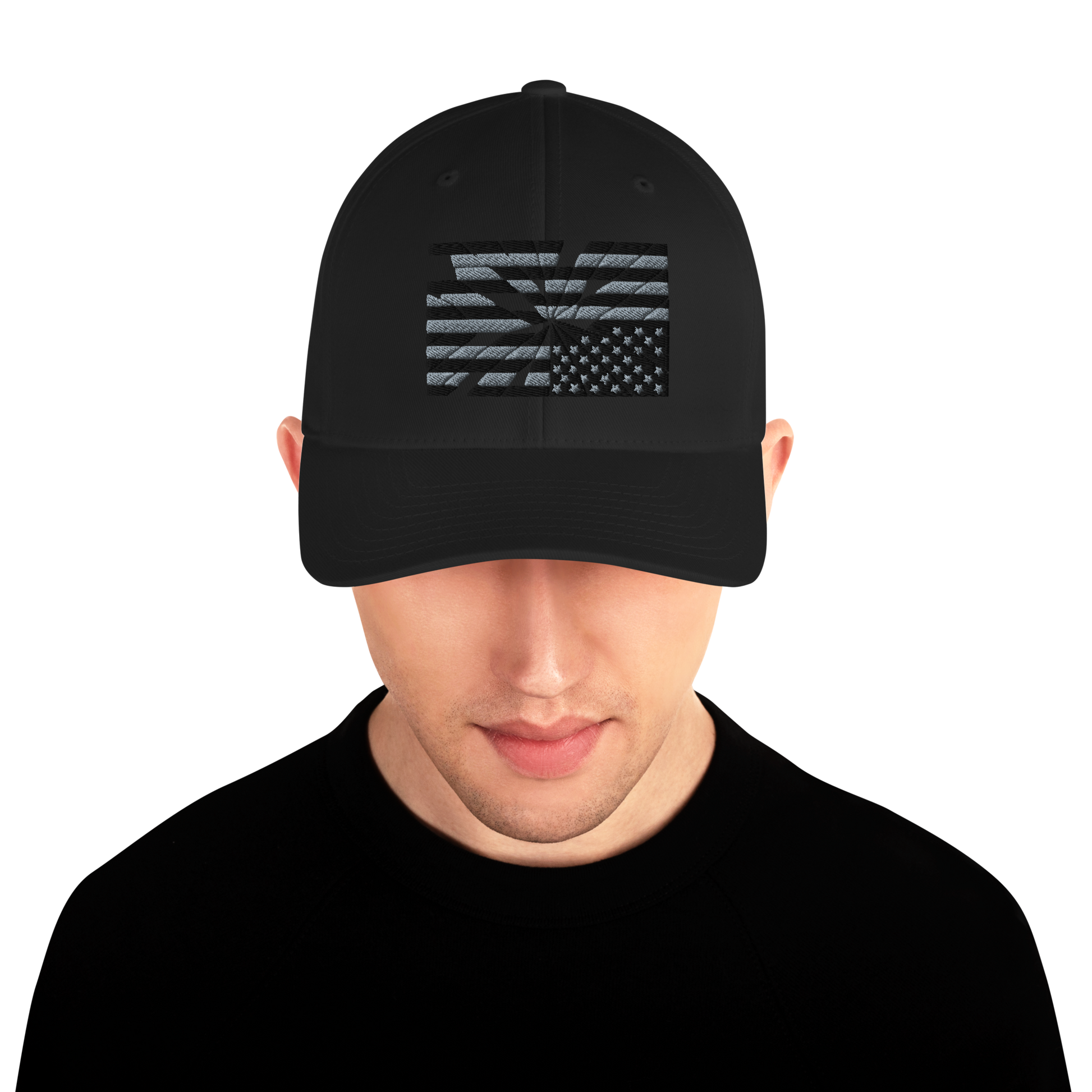 Fractured Democracy Structured Cap — Black on Black alternate front mockup from 8647 NOW