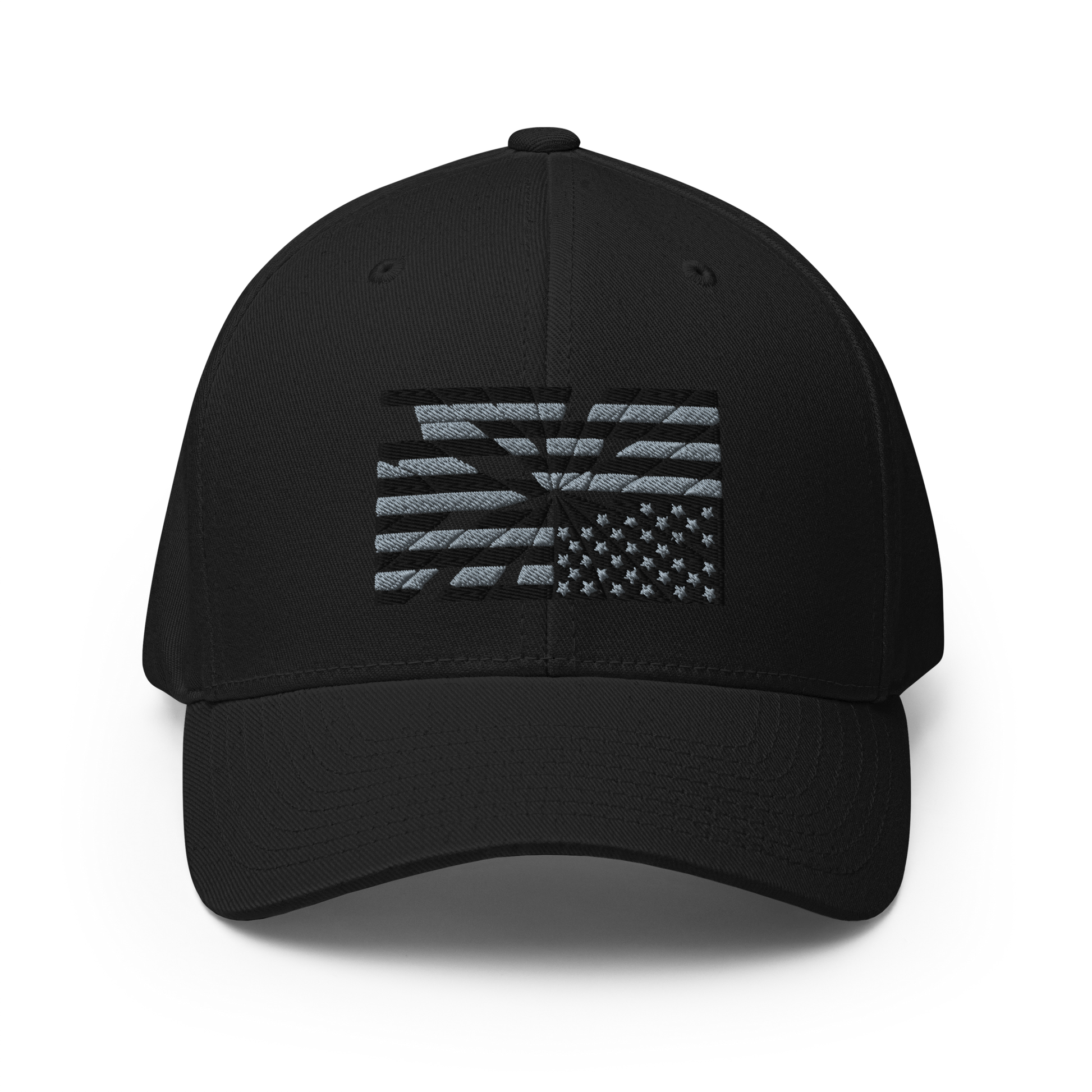 Fractured Democracy Structured Cap — Black on Black front mockup from 8647 NOW