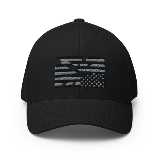 Fractured Democracy Structured Cap — Black on Black front mockup from 8647 NOW