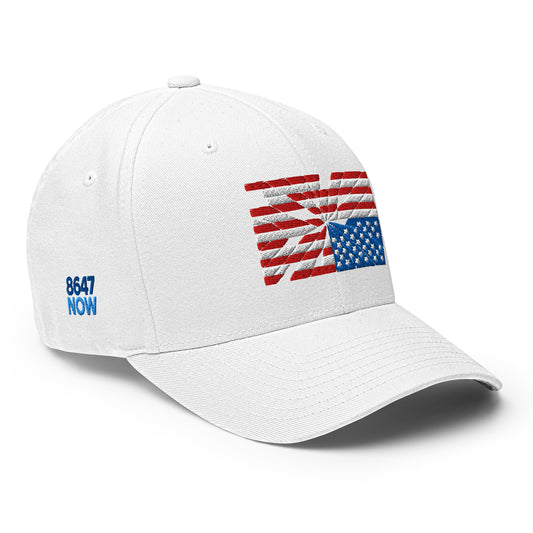 Fractured Democracy Structured Cap — White angled front mockup from 8647 NOW