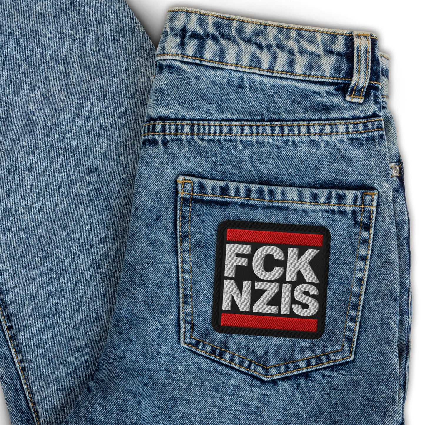 FCK NZIS embroidered patch alternate front mockup from 8647 NOW
