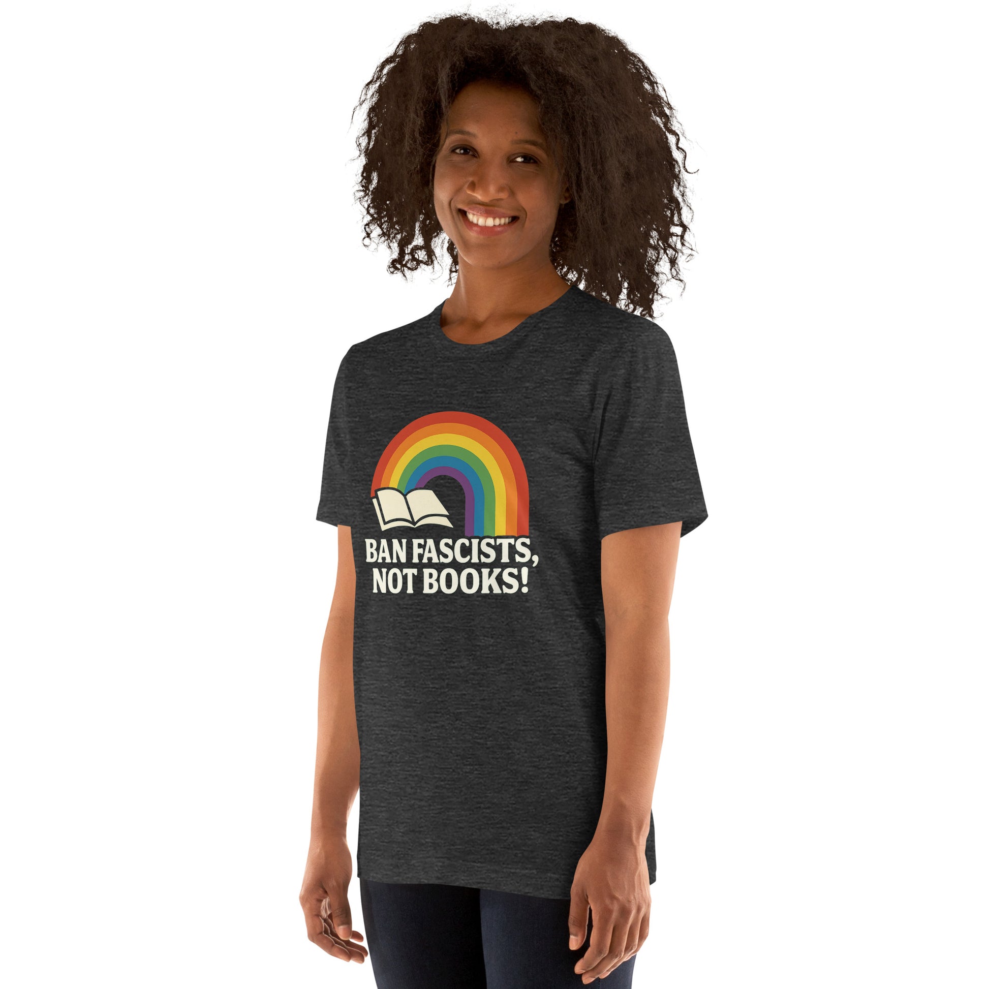 Ban Fascists dark heather tee from 8647 NOW angled front view