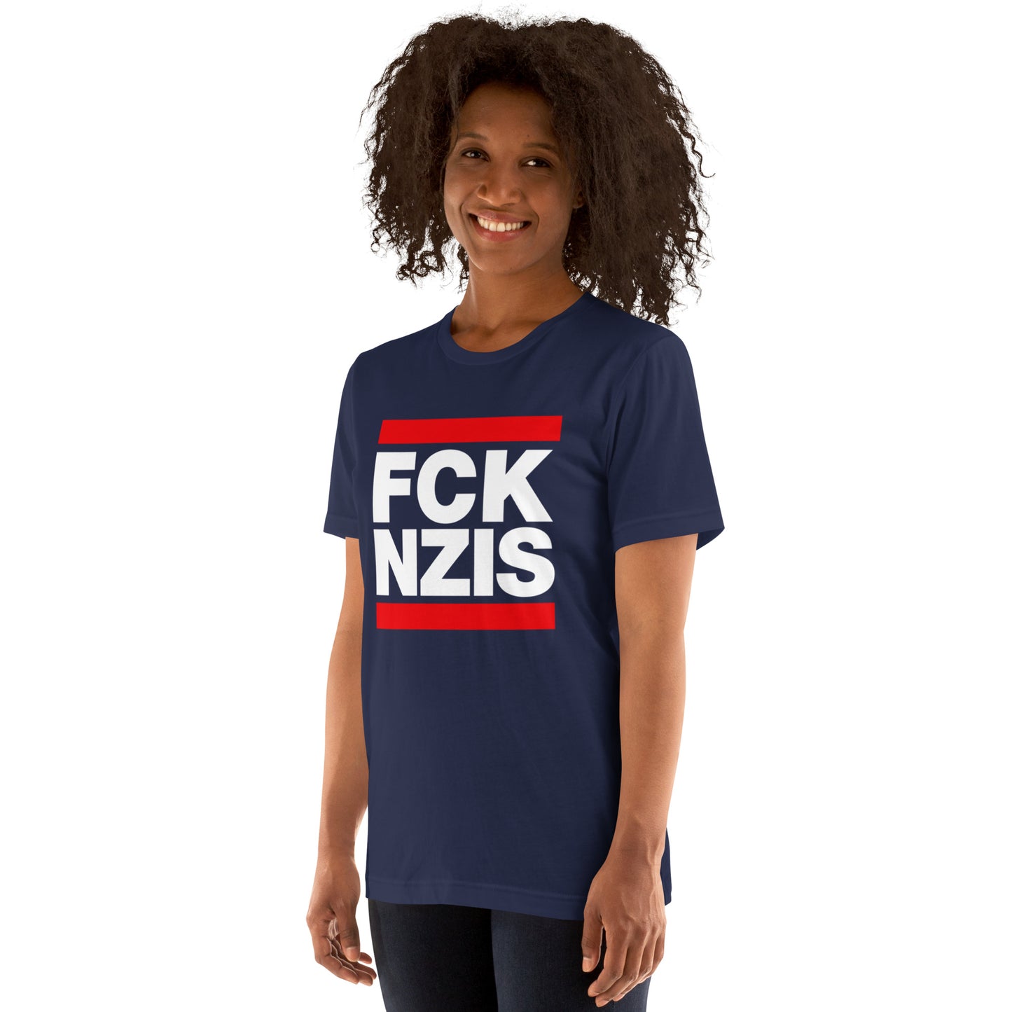 FCK NZIS Tee — Navy angled front mockup from 8647 NOW