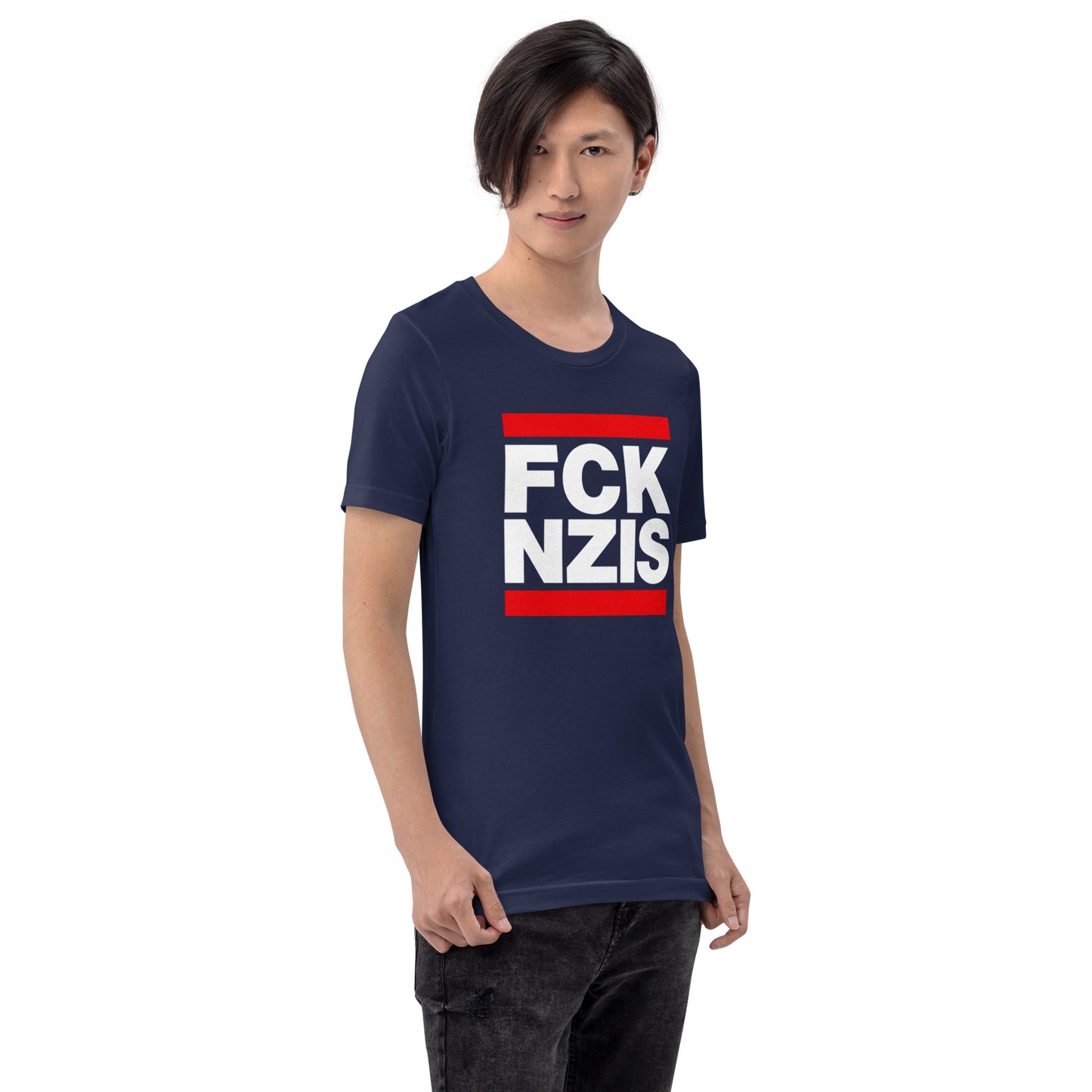 FCK NZIS Tee — Navy side front mockup from 8647 NOW